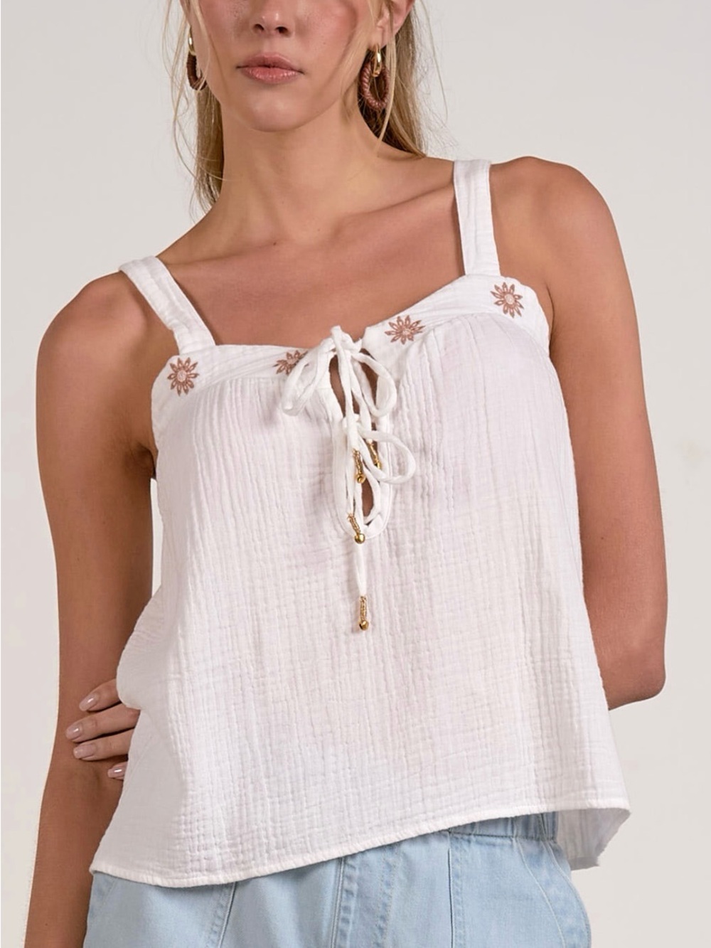 NWT Elan Embroidered Tie Front Cotton Gauze Tank Size XS